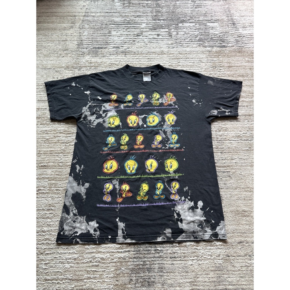 Looney Tunes Vintage 1995 T-Shirt Black XL Tweety Bird AOP Paint Slabs Crewneck